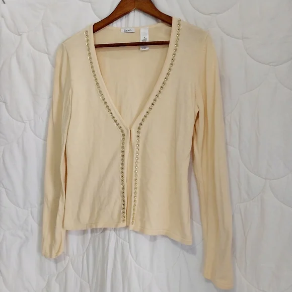 Liz & Co. Women's Size Medium Yellow Embellished Long Sleeve Cardigan - Picture 3 of 11